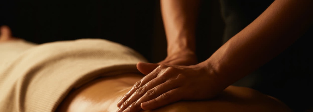 Manos con aceite recorriendo la espalda durante un masaje cuerpo a cuerpo